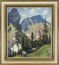 P. v. Ostrowski, German painter c. 1930, ''Rotwand und Ruchenkopf in den bayrischen Alpen'', oil