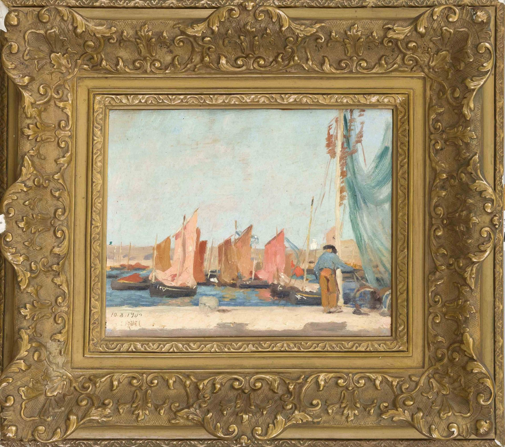 Edouard John Ravel (1847-1920), Swiss artist, Fishing boats in the harbor, ''Barques de peche à