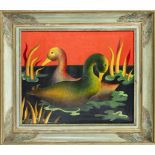 Gisela Sedatis-Grosser (1935-2007), Berlin painter, Pond landscape with ducks, lacquer painting on