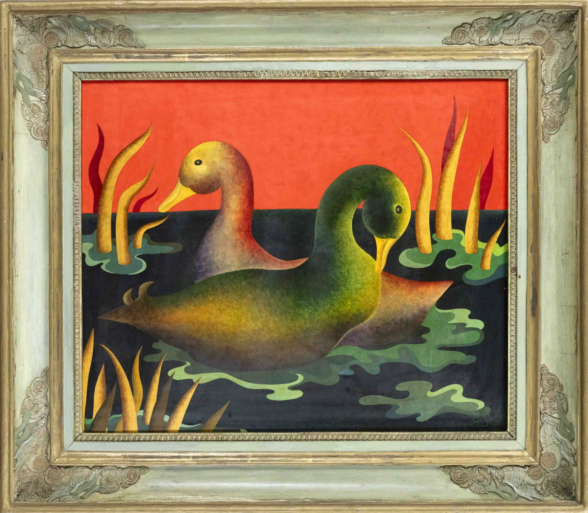 Gisela Sedatis-Grosser (1935-2007), Berlin painter, Pond landscape with ducks, lacquer painting on
