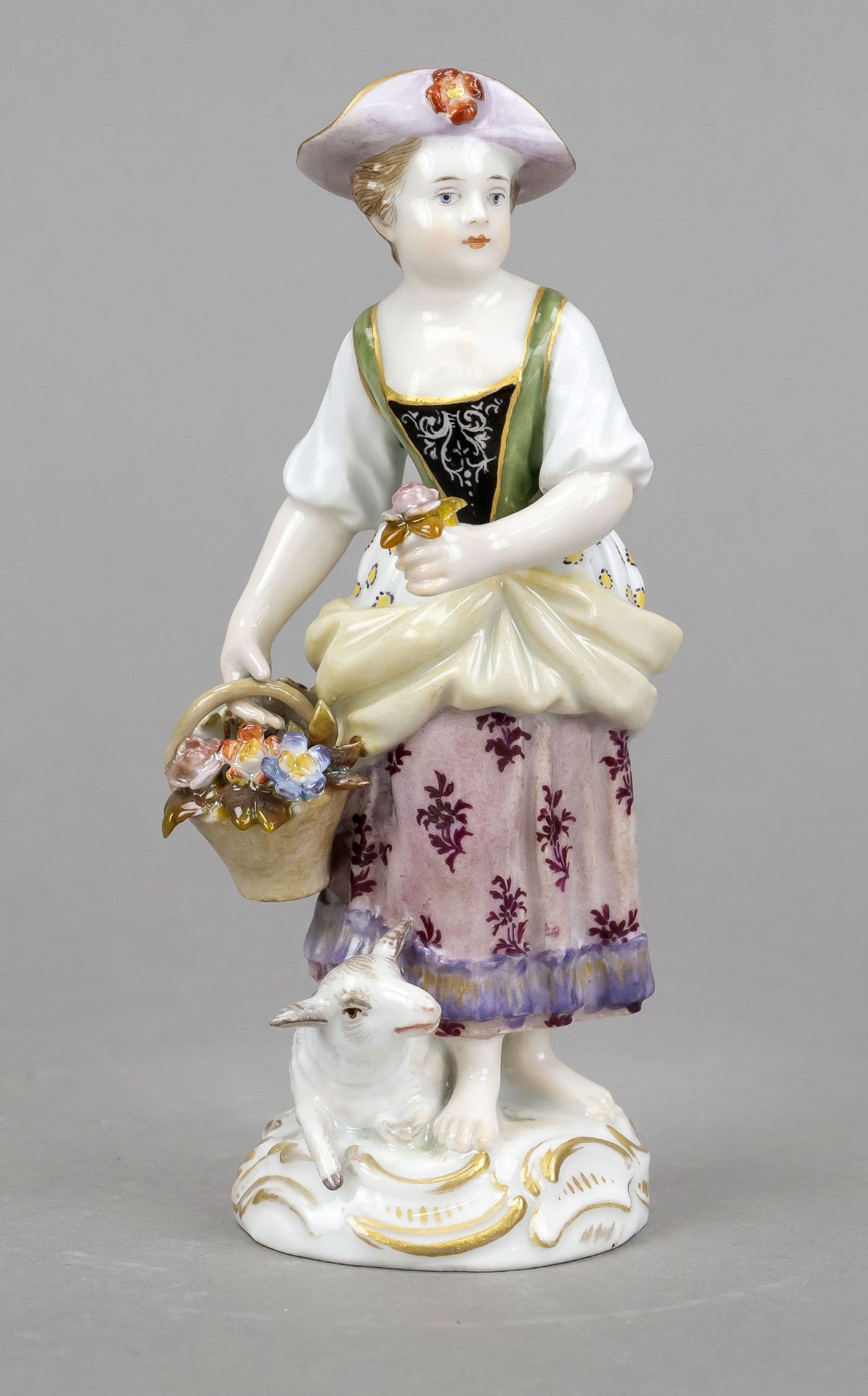 Gardener's girl with lamb and basket of flowers, Meissen, 1850-1924, 1st choice, designed by