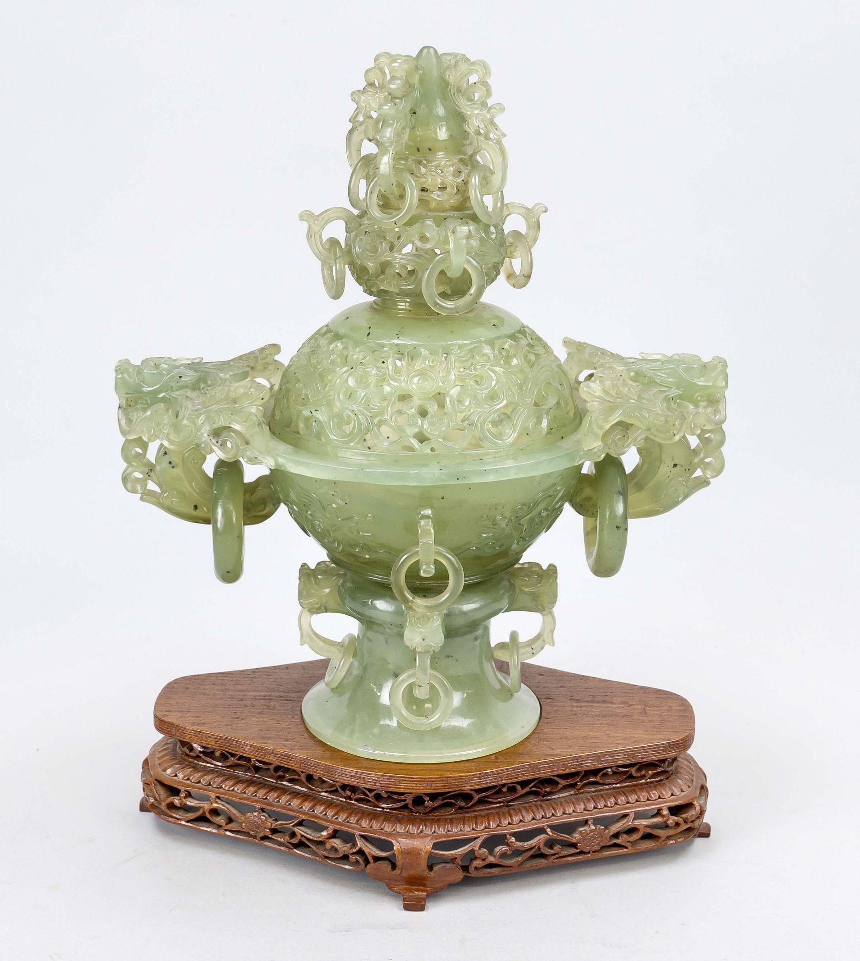 Large censer, China 20th century, celadon-colored jade? Consisting of 2 open-worked parts. Placed on