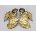 Pair of wall candlesticks, 18th/19th century, chased sheet brass, gilded, each with a bas-relief