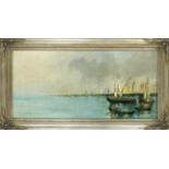 signed Lalusa (?), 1st half 20th century, Impressionist harbor scene stretching to the horizon,