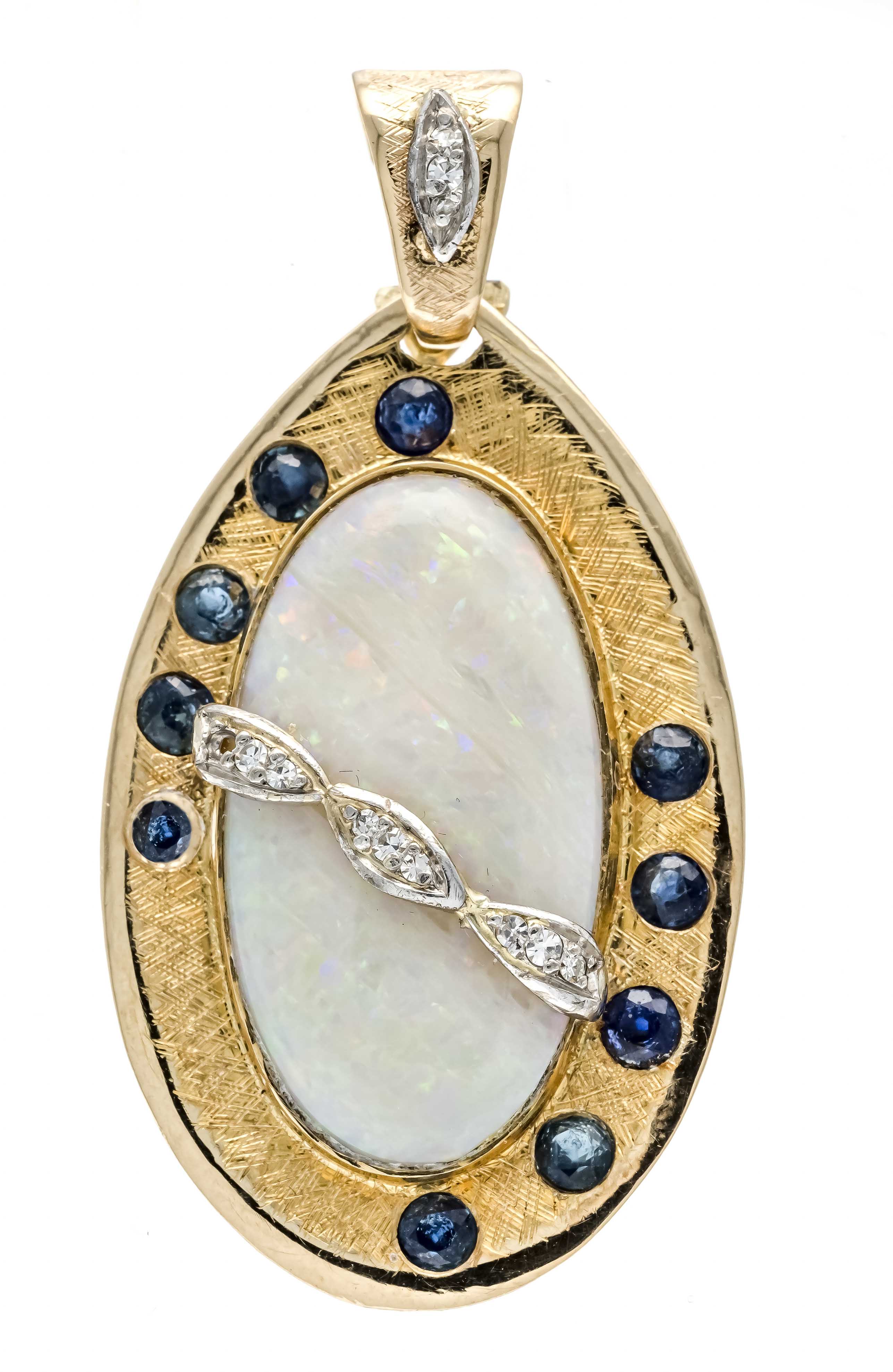 Opal clip pendant GG/WG 585/000 with an oval opal cabochon 29 x 15 mm in a light to good play of