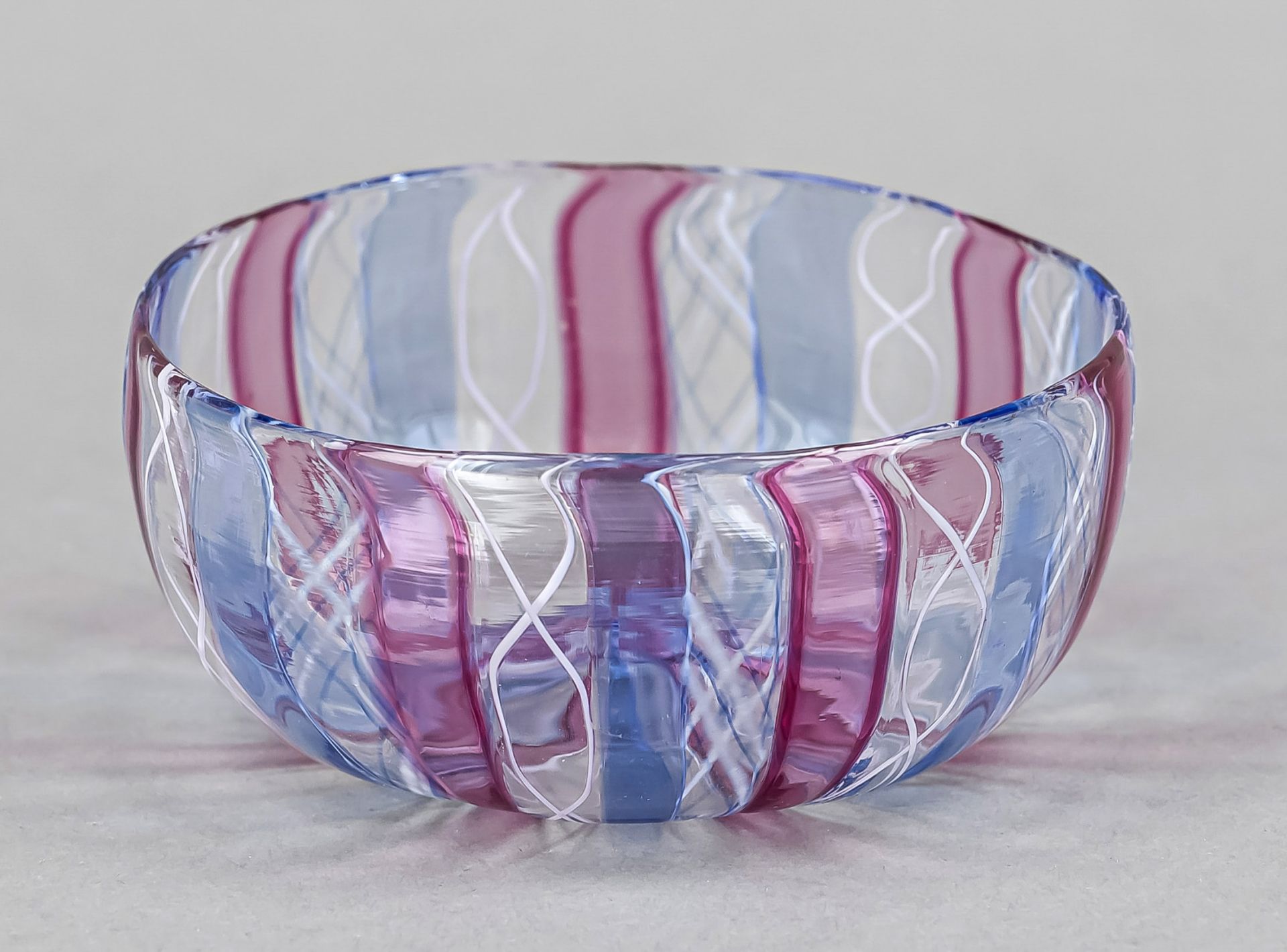 Round bowl, Italy, 20th century, Murano, inwardly curved base, straight sides, clear glass with blue