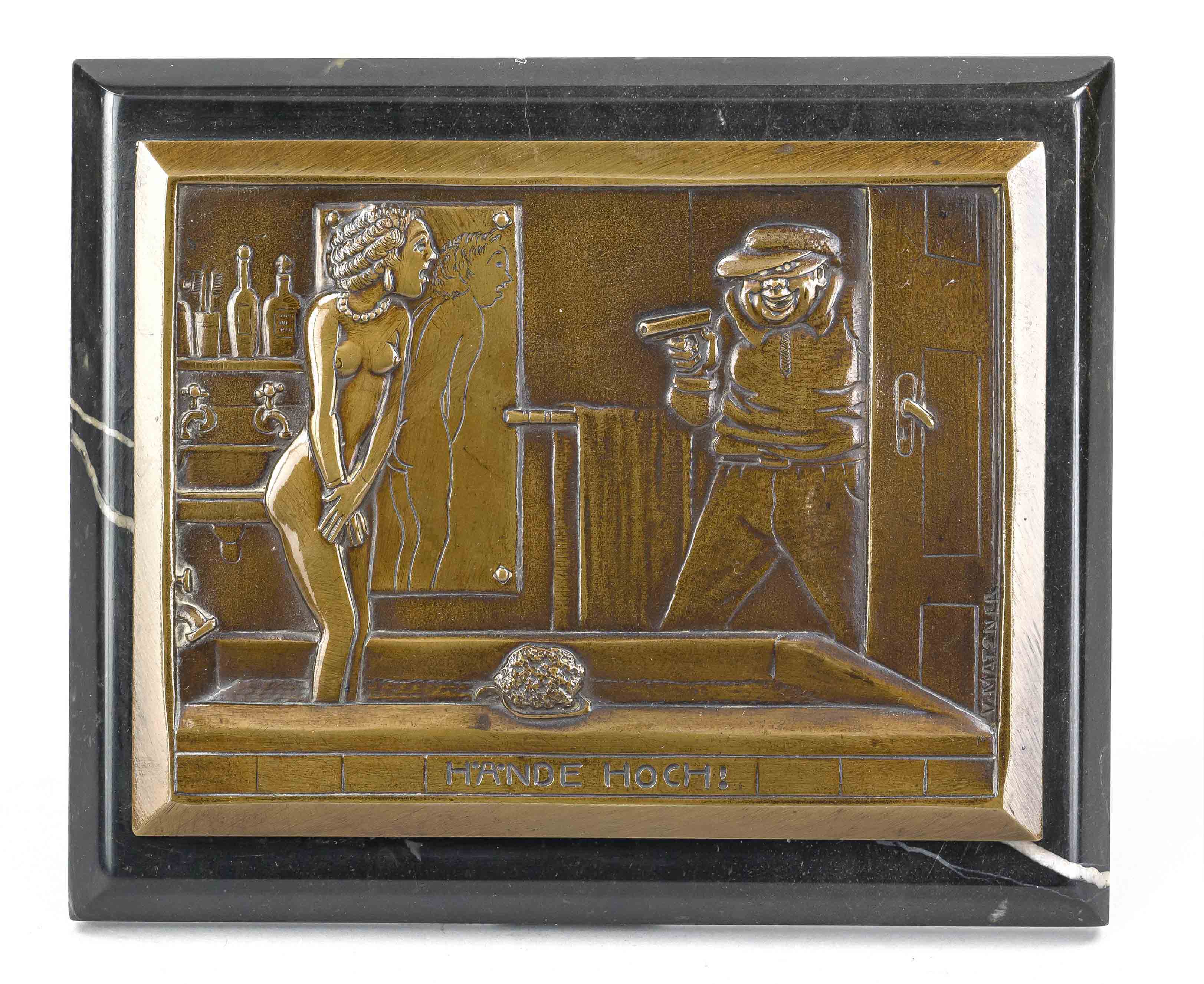 V. Matzner, 1st half of the 20th century, humorous-erotic bronze relief, ''Hands up!'', thief