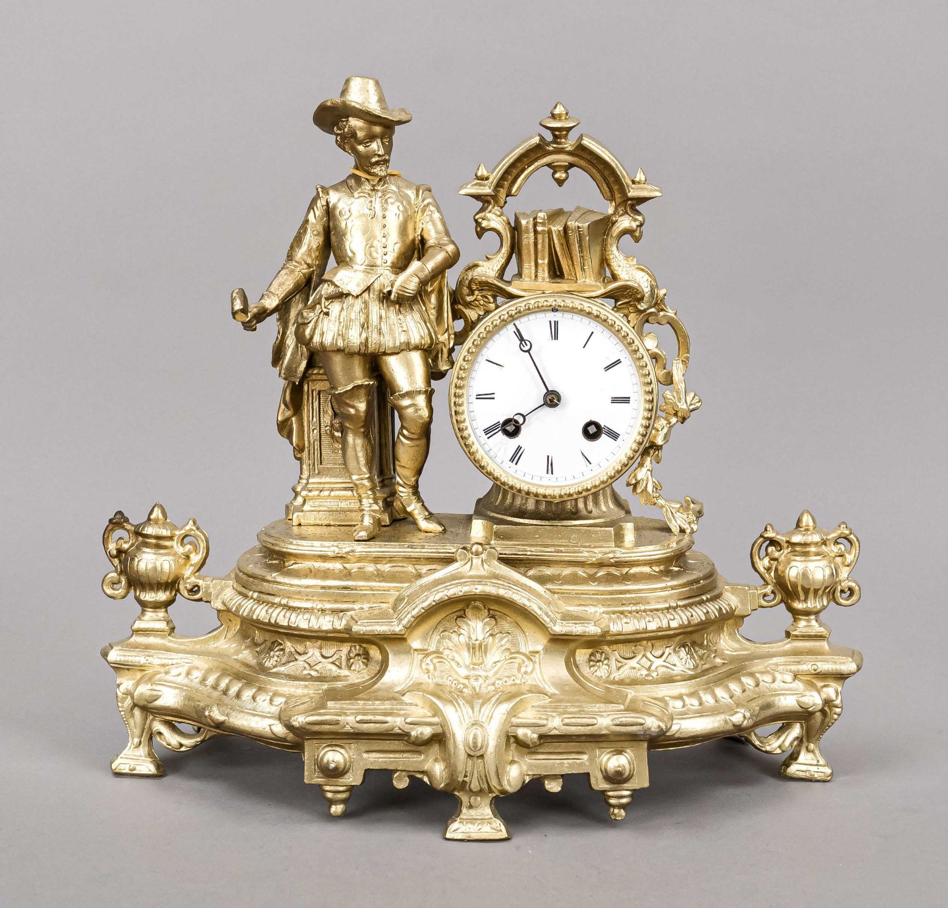 Pendulum France 2nd half 19th century, white cast iron color gilded, scholar at the clock drum