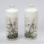 Pair of vases, Japan, 20th century, landscape with birds and Fuji. One vase with a small chip to the