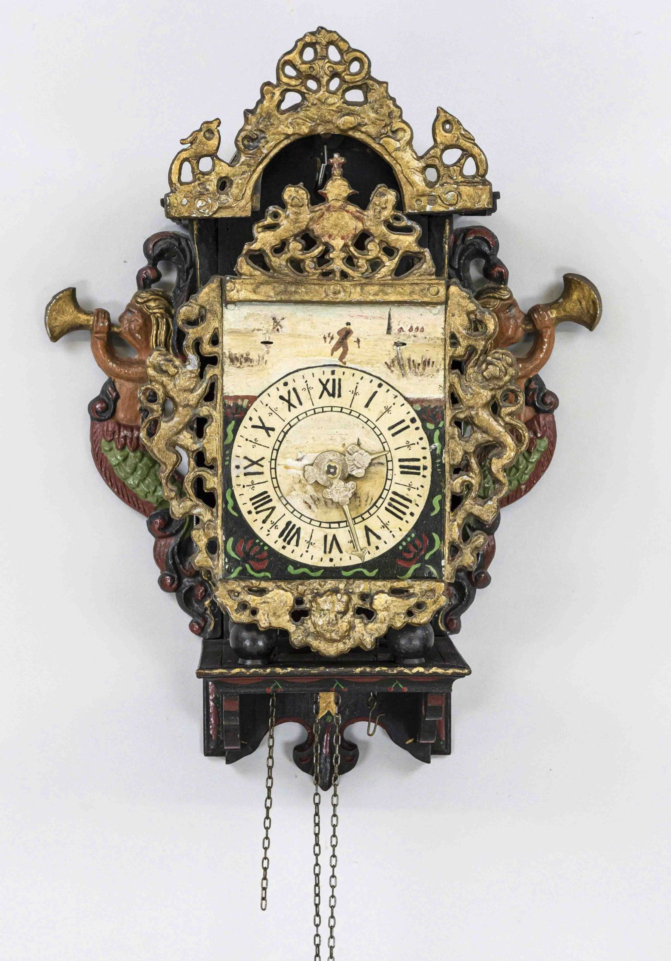 Chair clock, polychrome painted cast white, 2nd half 19th century, dial with black Roman numerals,