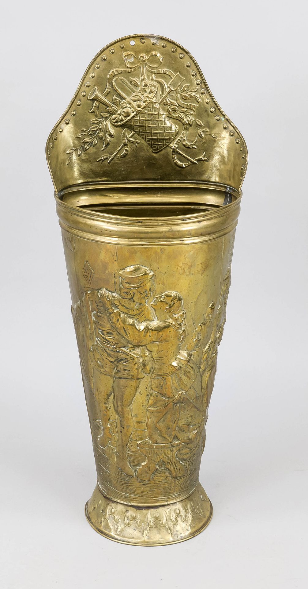 Umbrella stand in pannier form, Holland, late 19th century, brass. Chased, figural decoration,