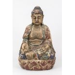 Large Buddha, probably Japanese, exact age uncertain. Polychrome painted wood. Painting heavily