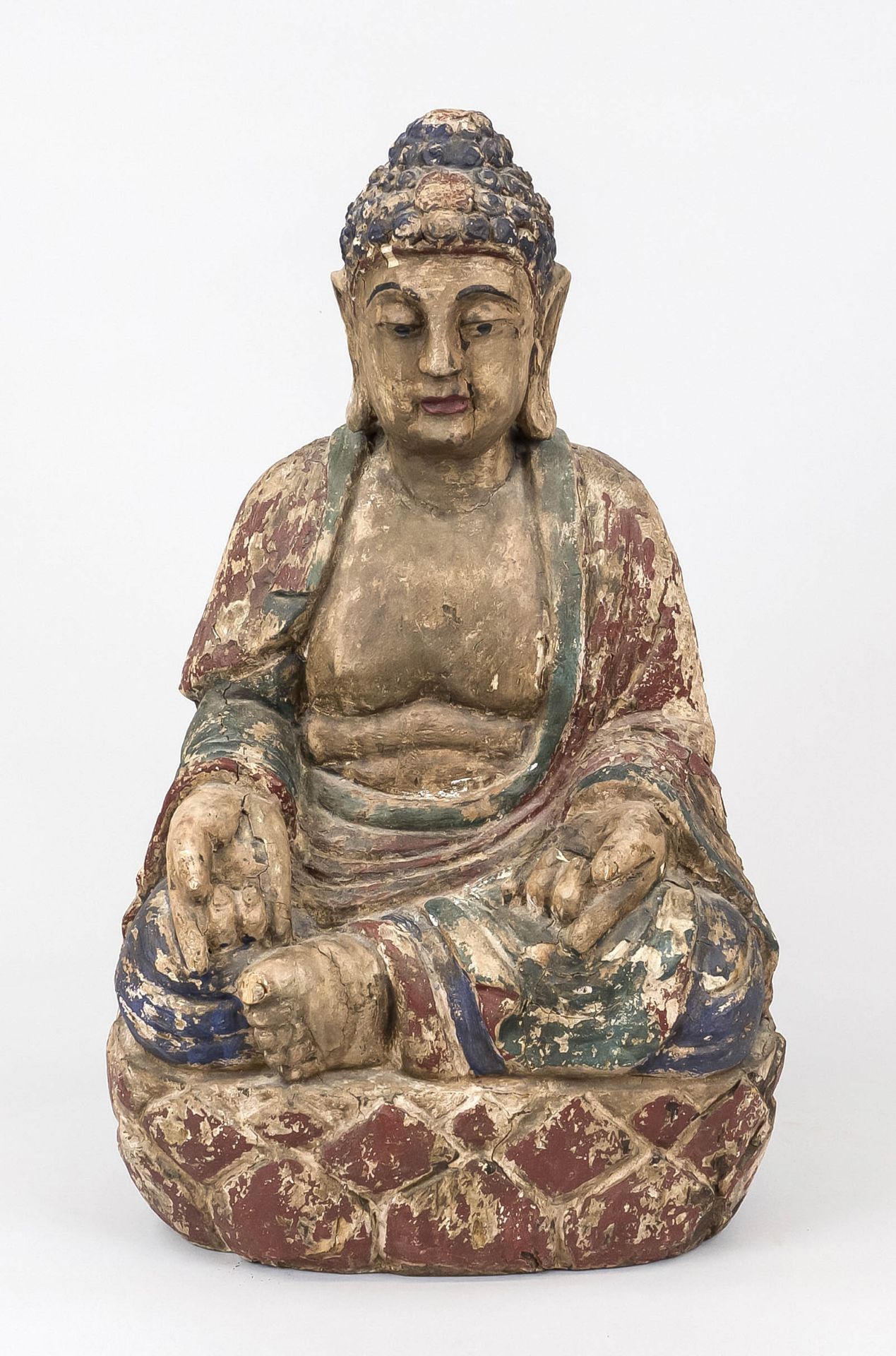 Large Buddha, probably Japanese, exact age uncertain. Polychrome painted wood. Painting heavily