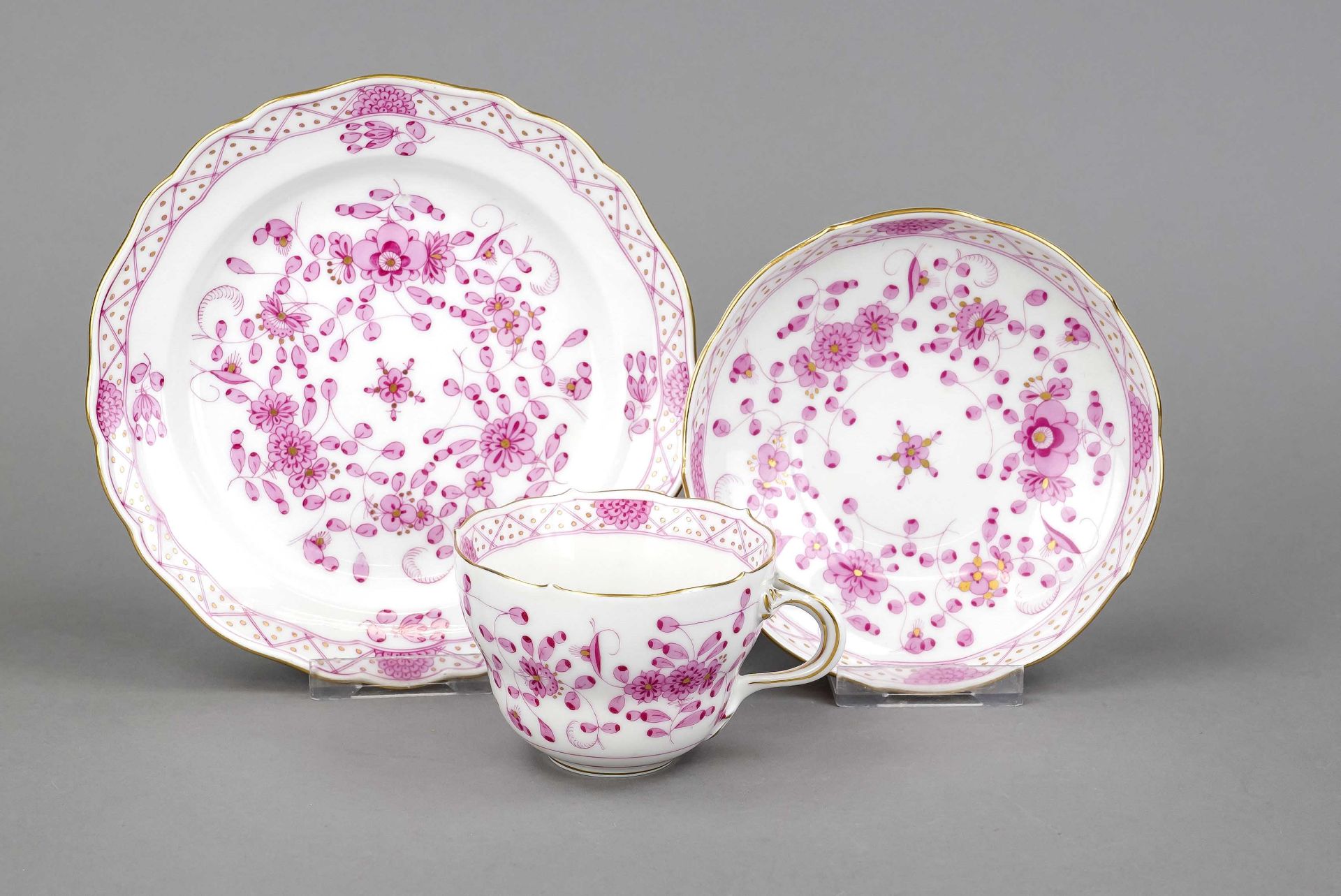 Coffee set, 3-piece, Meissen, marks after 1950, 1st choice, shape new cut-out, Indian purple decor