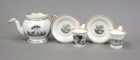 Mixed lot of 5 pieces, 19th century, black printed decoration with landscape motifs, partly with