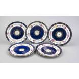 Five plates, France, marked Sevres, flat plate, central rosette surrounded by laurel garland and