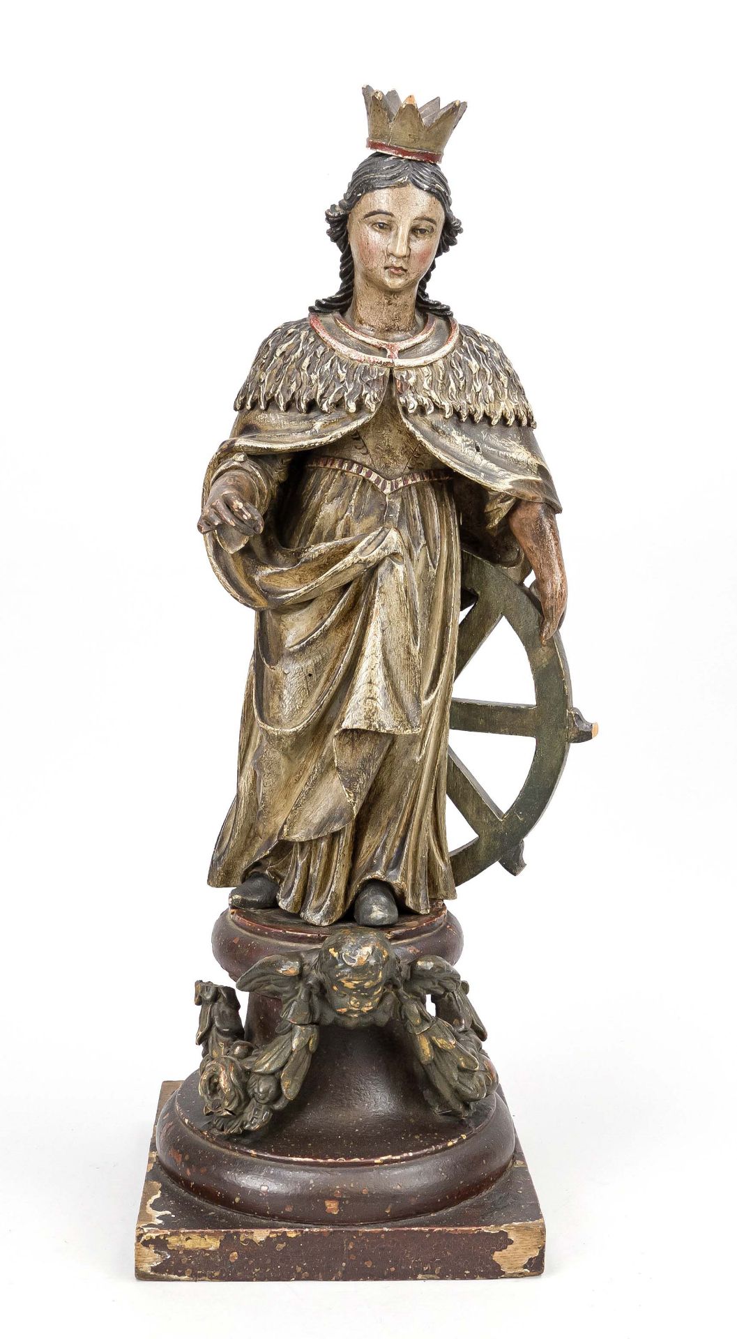 Figure of St. Catherine of Alexandria with wheel, 19th century, polychrome painted wood, mounted