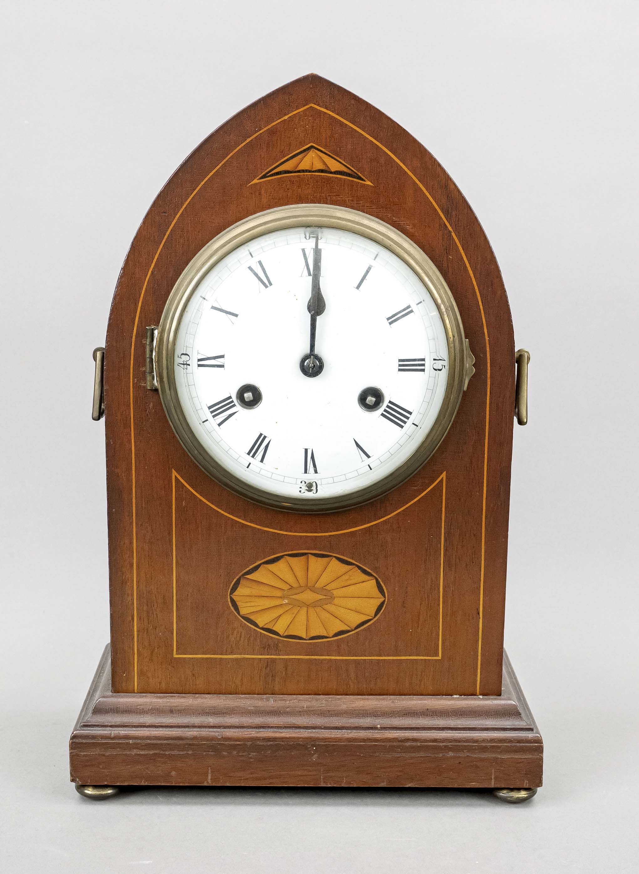 Table clock circa 1900, mahogany wood, marked Philipp Haas & Söhne, Uhrenfabrik Teutonia, St.