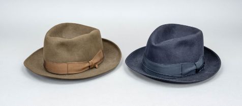 Borsalino, two classic men's hats, chocolate brown and black felt, size 57 and 58 respectively,