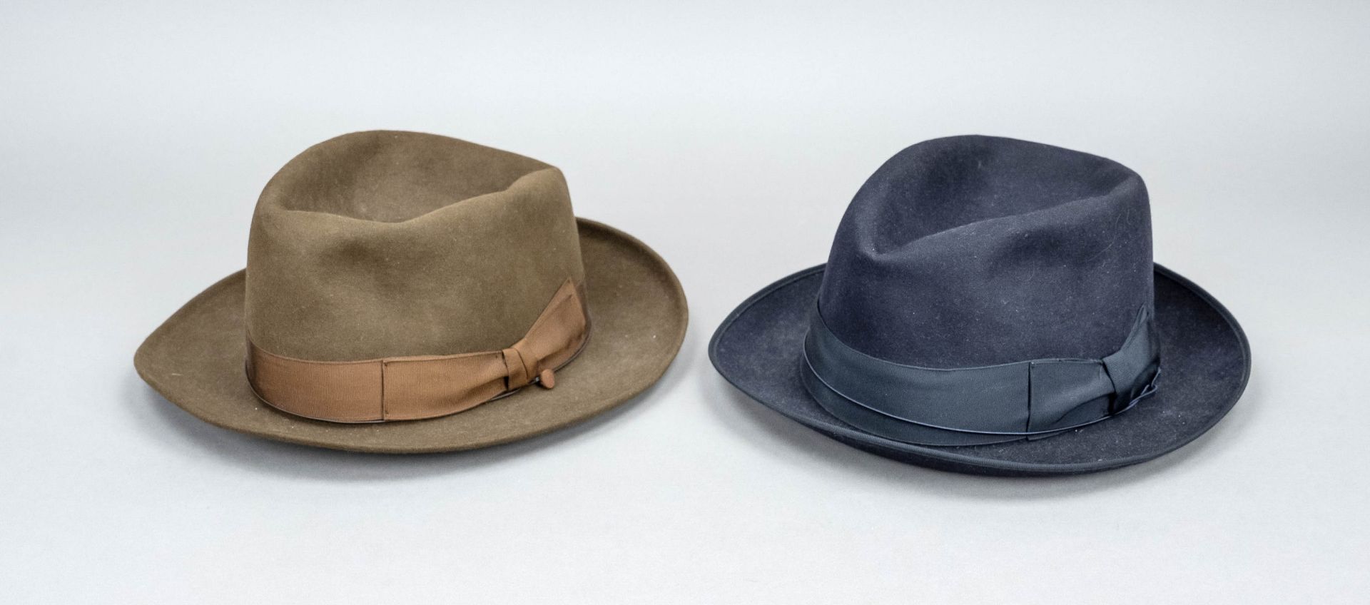 Borsalino, two classic men's hats, chocolate brown and black felt, size 57 and 58 respectively,
