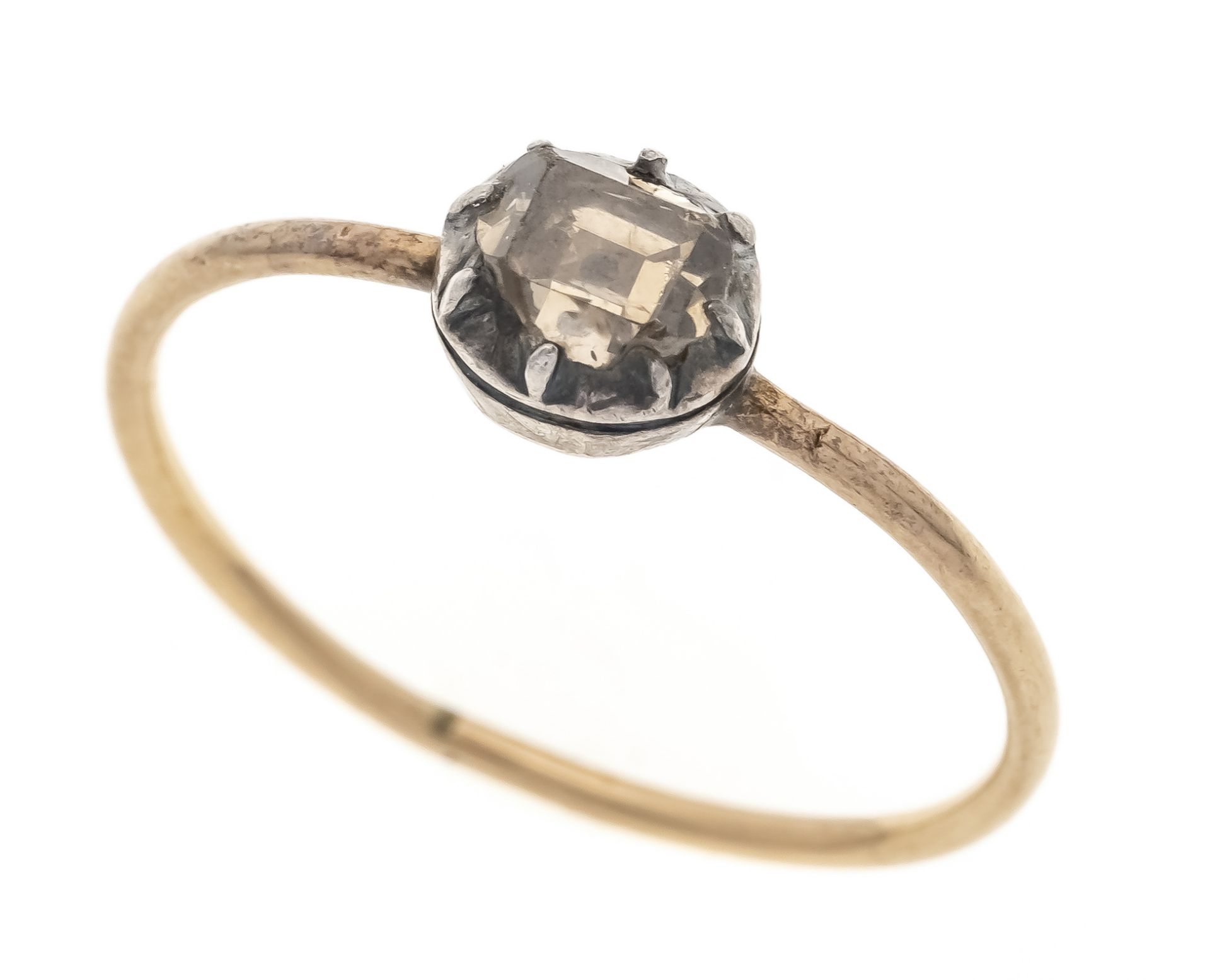 Old-cut diamond ring GG 750/000 and silver unstamped, tested, with a carrée-shaped old-cut faceted