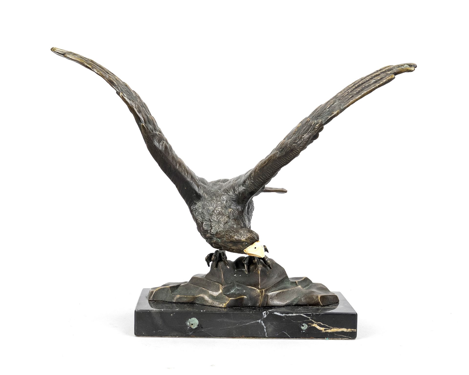 Anonymous sculptor, c. 1920, eagle with spread wings on a rock base, patinated bronze with bone beak