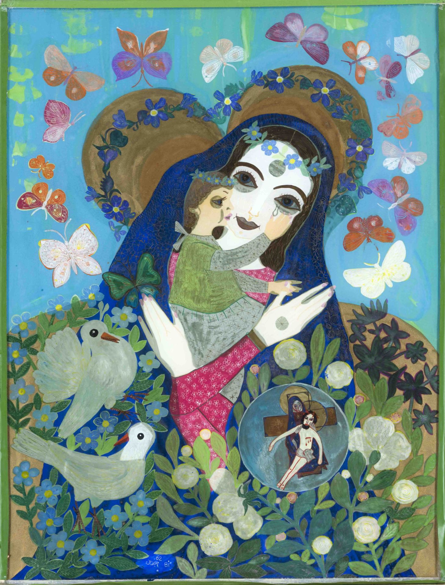 Jorinde Binder (1920-1998), ''Madonna mit der Träne'', reverse glass painting, signed and dated (