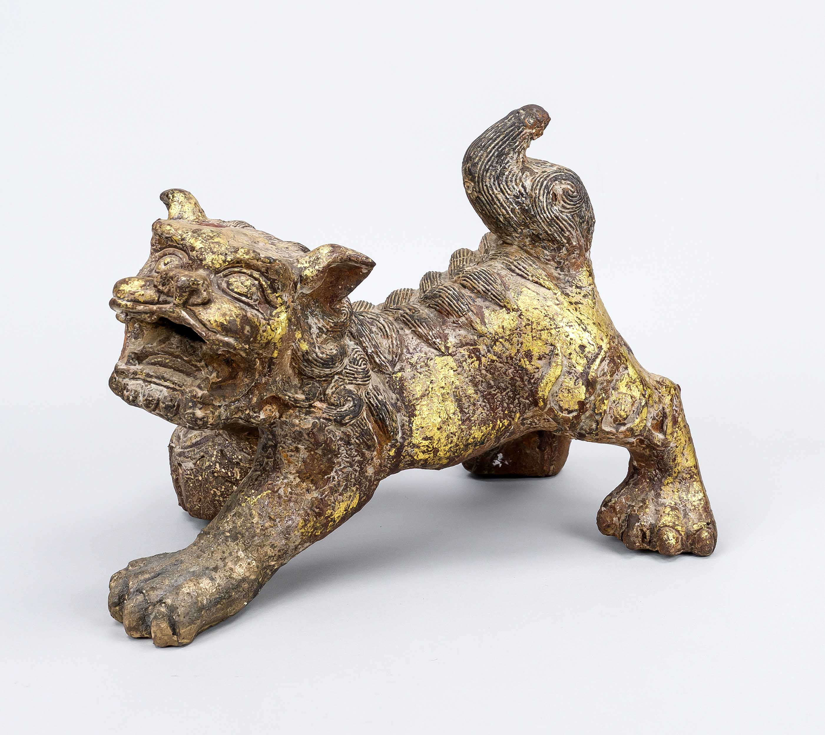 Large Fo dog, China Republic period, iron with remnants of a mount. An export seal on the head,