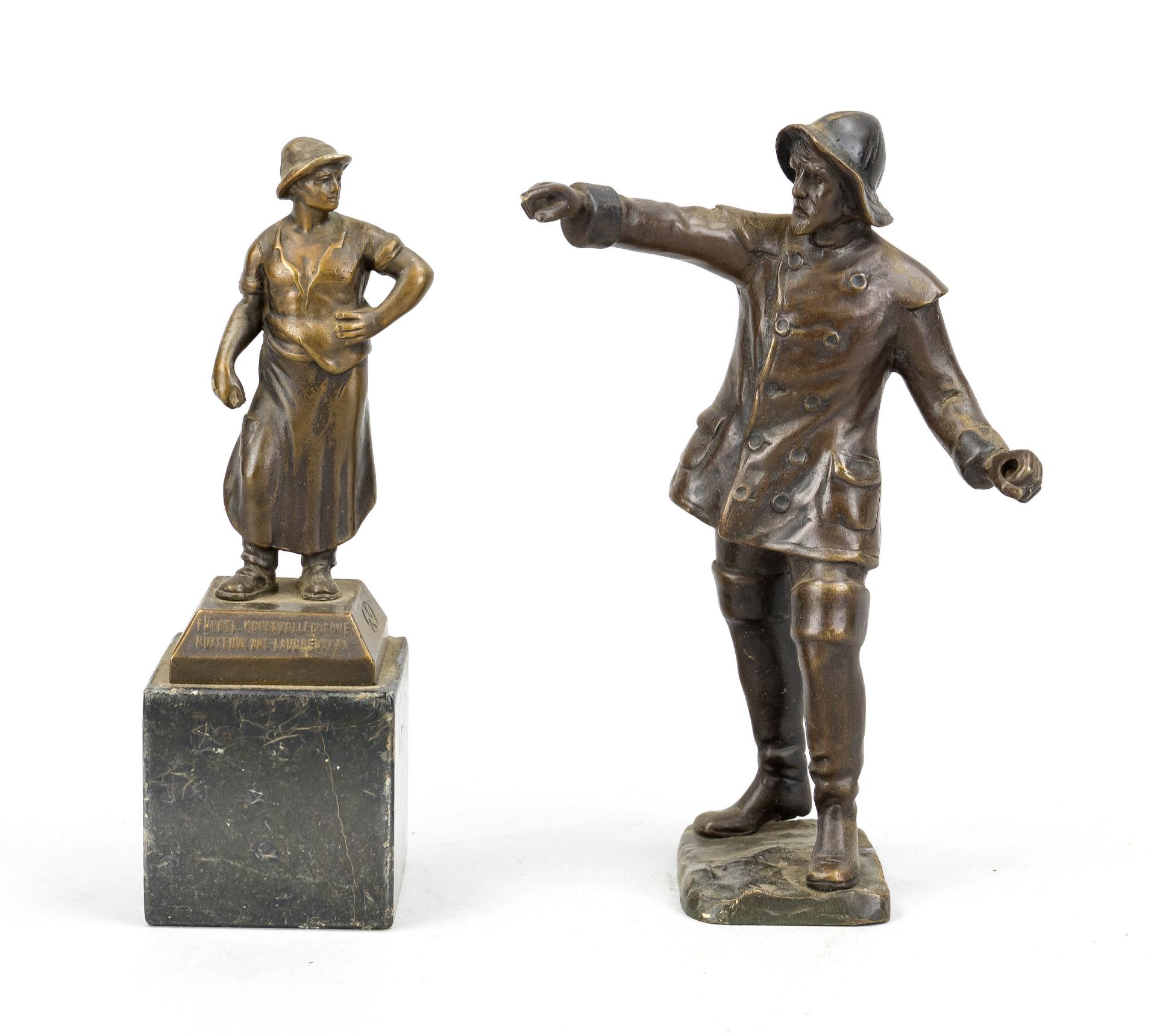 Two small bronzes by different sculptors, c. 1900, sailor pointing into the distance, brown