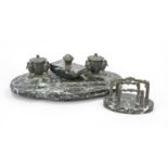 Desk set c. 1910, 3 pieces, green veined marble. Large plate with two inkwells and two long pen
