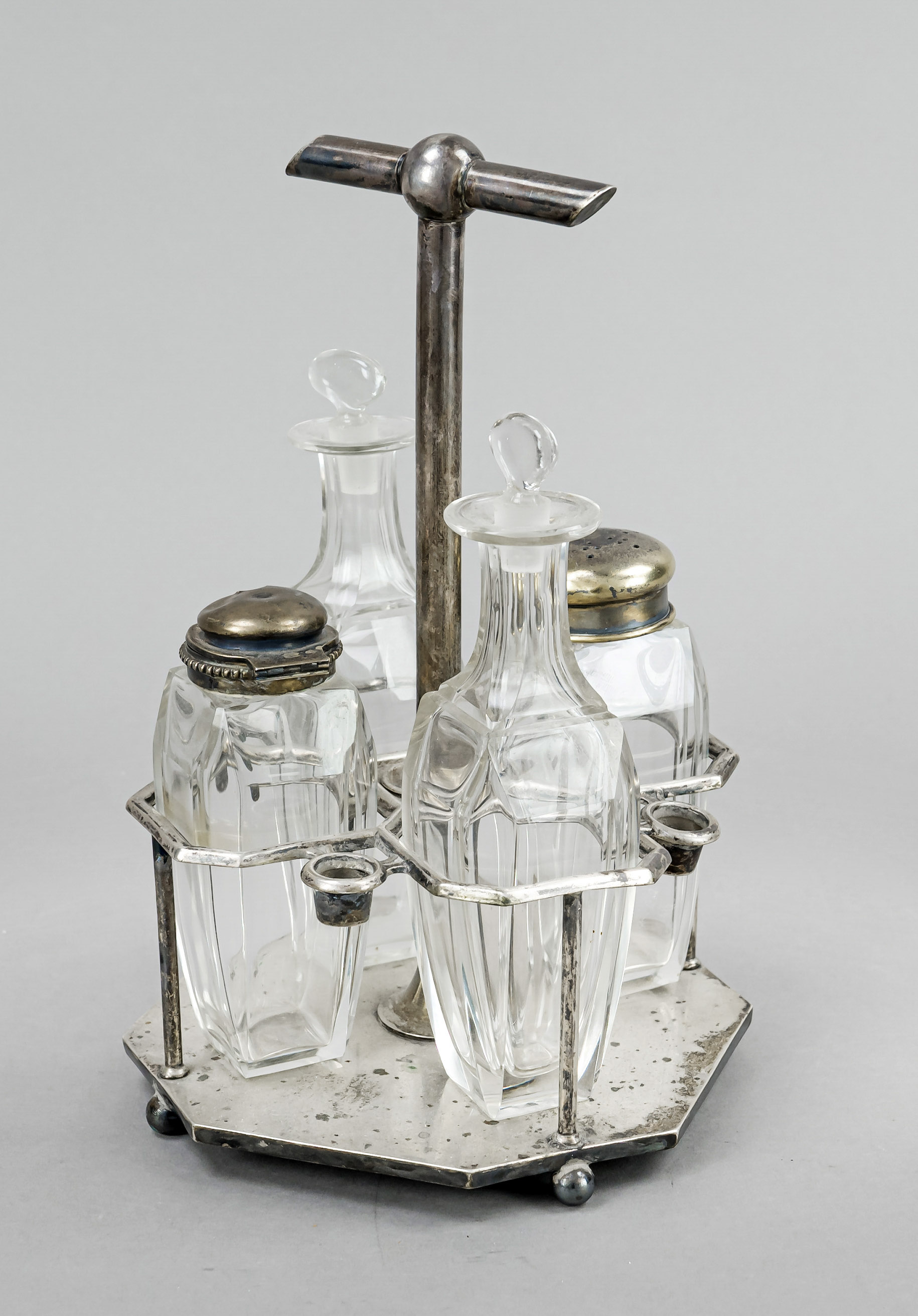 Cruet, German, 20th century, silver 800/000, 8-sided stand on 4 ball feet, central handle,