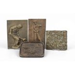 Four bronze reliefs with motifs from mining and steelworks, various 20th century artists, brass/