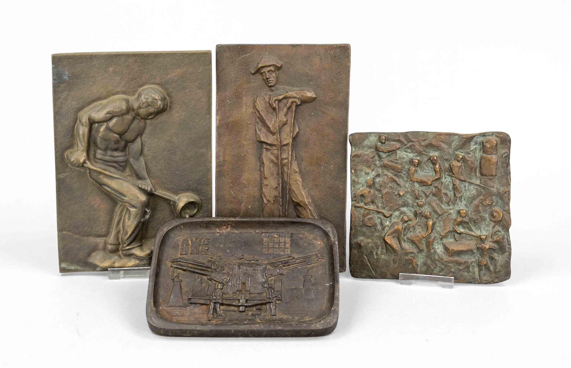 Four bronze reliefs with motifs from mining and steelworks, various 20th century artists, brass/