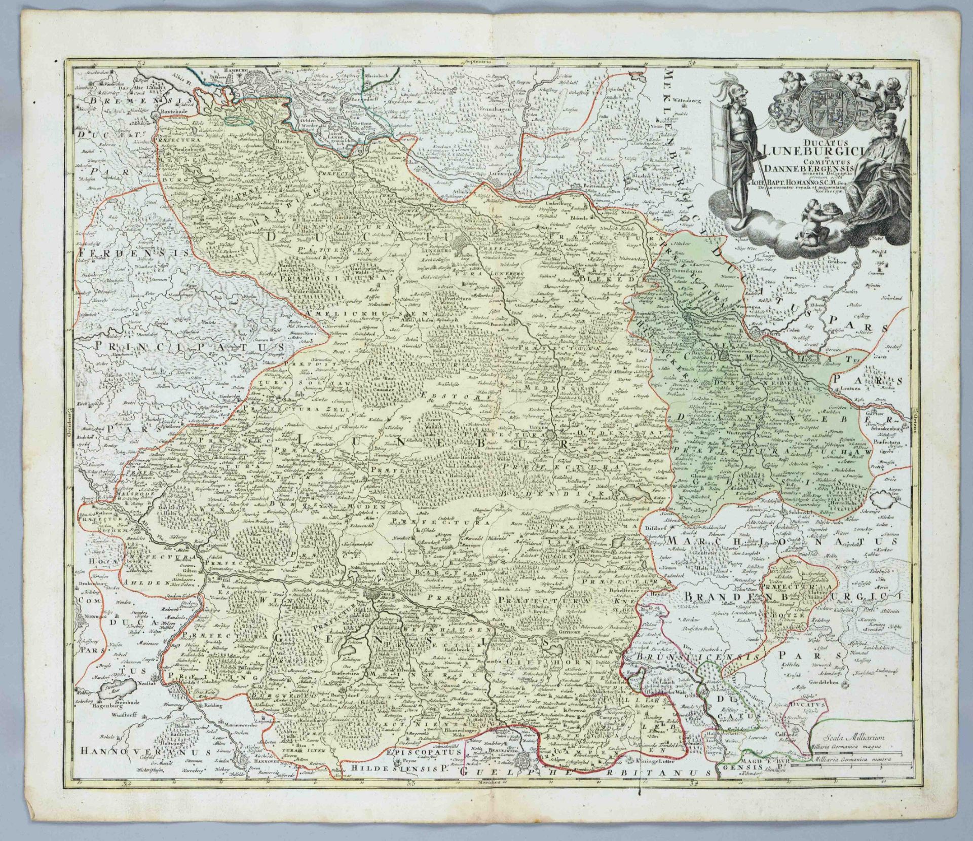 Historical map of the Duchy of Lüneburg from Brunswick in the southeast to Hamburg in the northwest,