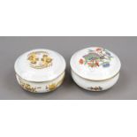 Two round lidded jars, Meissen, 20th century, 1st choice, each with gold rim, 1x decoration