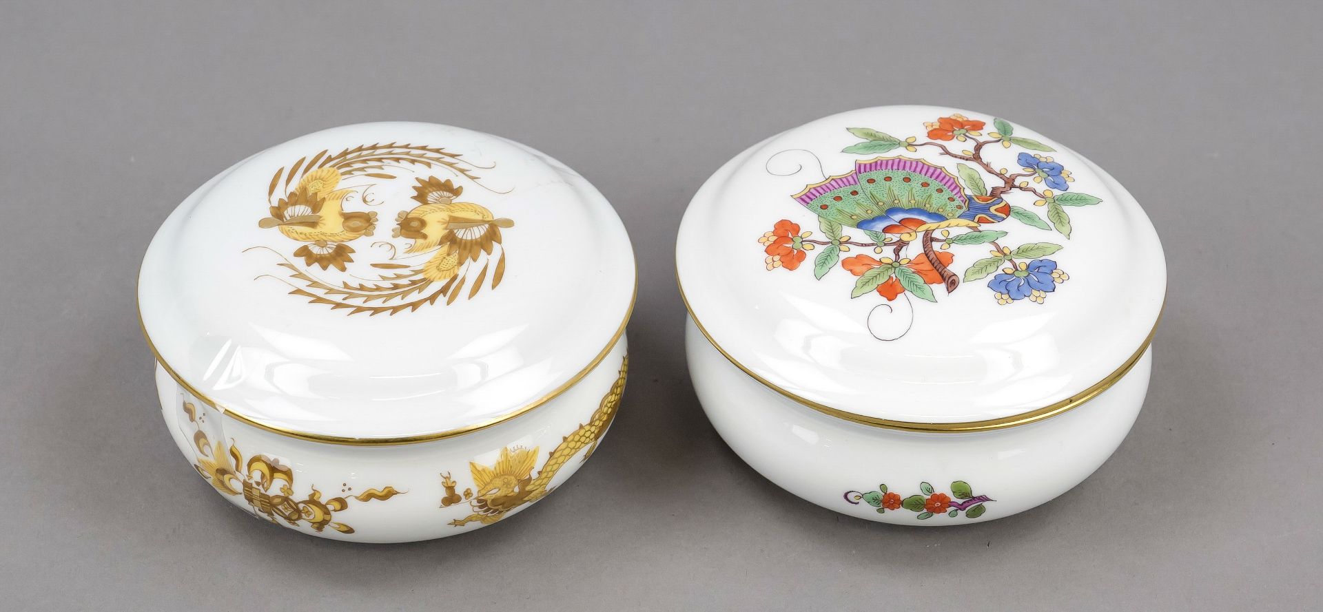 Two round lidded jars, Meissen, 20th century, 1st choice, each with gold rim, 1x decoration