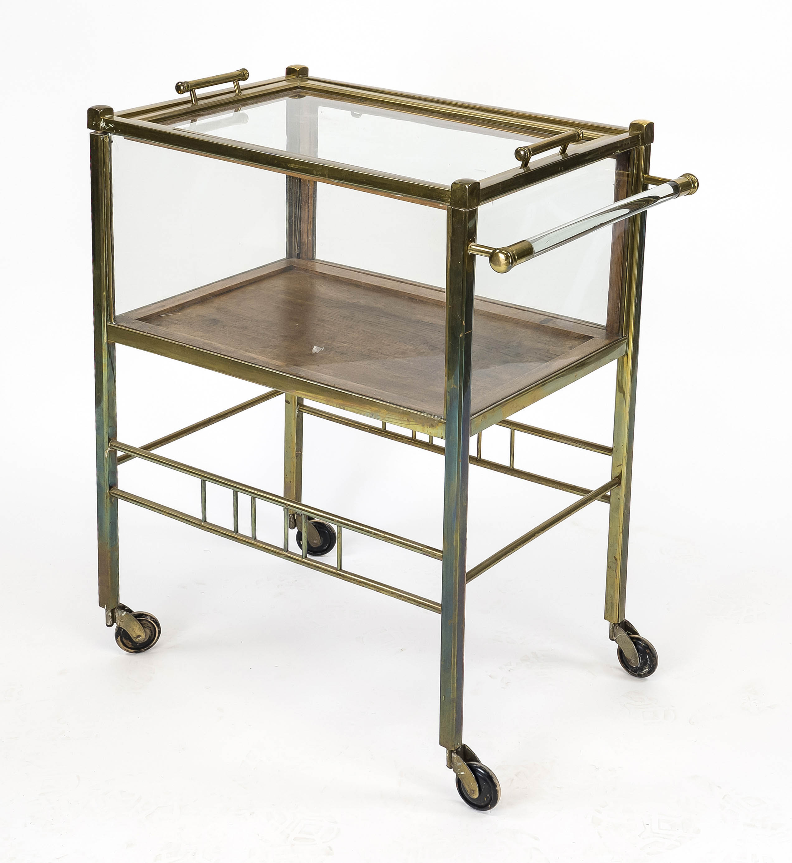 Art Deco serving trolley, c. 1920, brass frame with removable tray, glazed on all sides, hinged door