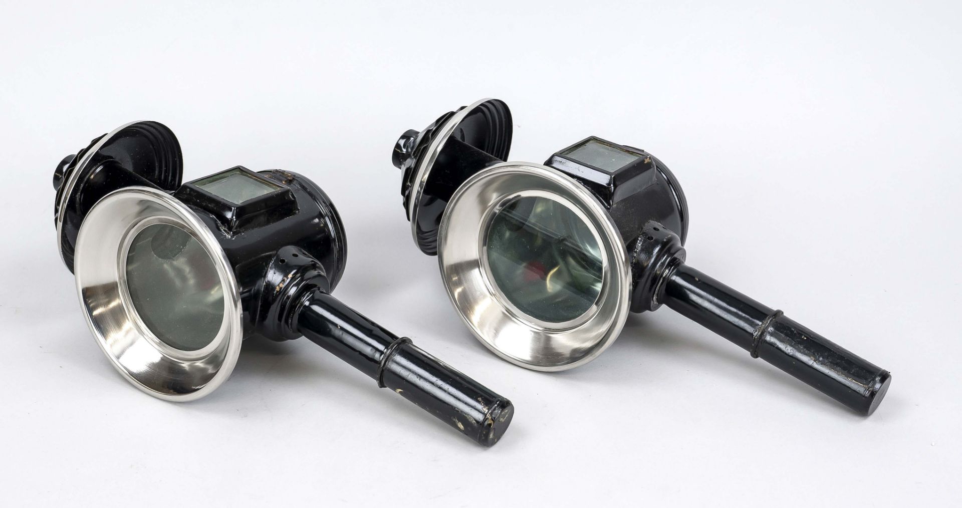 Pair of carriage lamps, 19th/20th century, black lacquered and chrome-plated metal body with glass