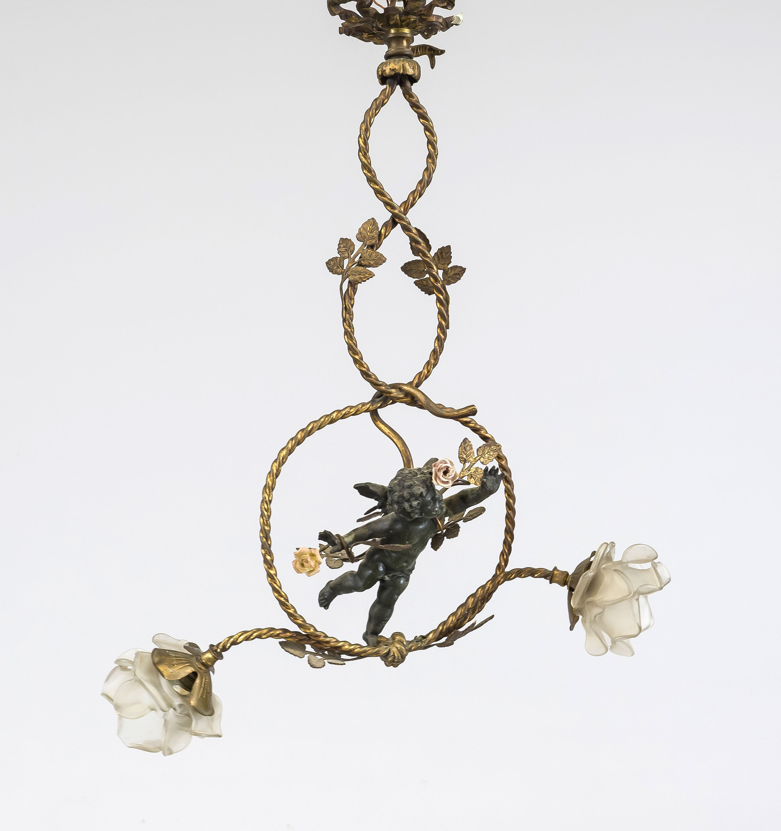 Ceiling lamp, late 19th century, floating putto surrounded by shrubs and leaves, 2 shades in the