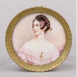 Miniature, 19th century, polychrome tempera painting on bone plate, unopened, round portrait of Lady