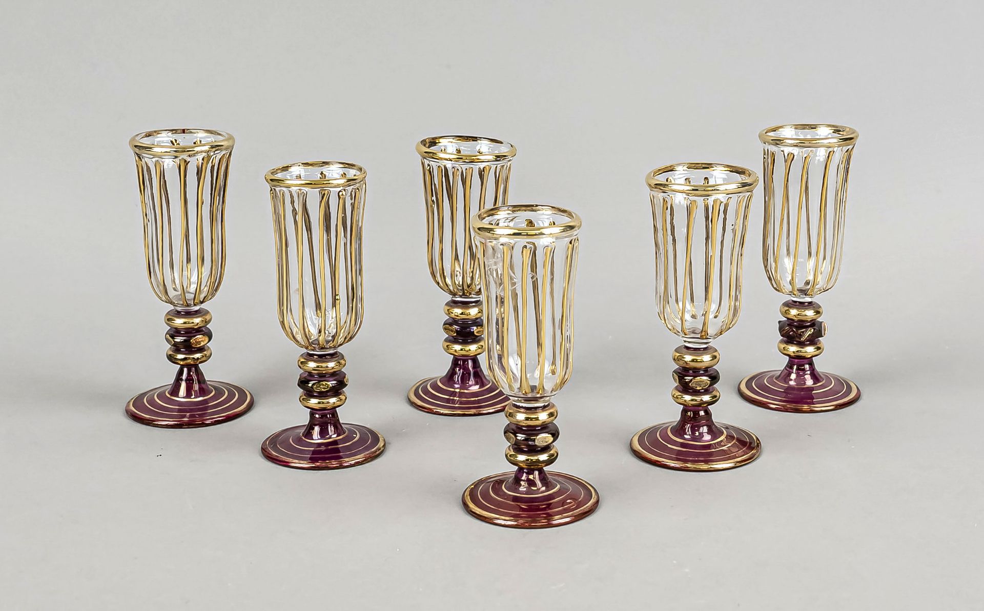 Six liqueur glasses, 20th century, round disk stand, jointed stem, cylindrical body, clear glass,