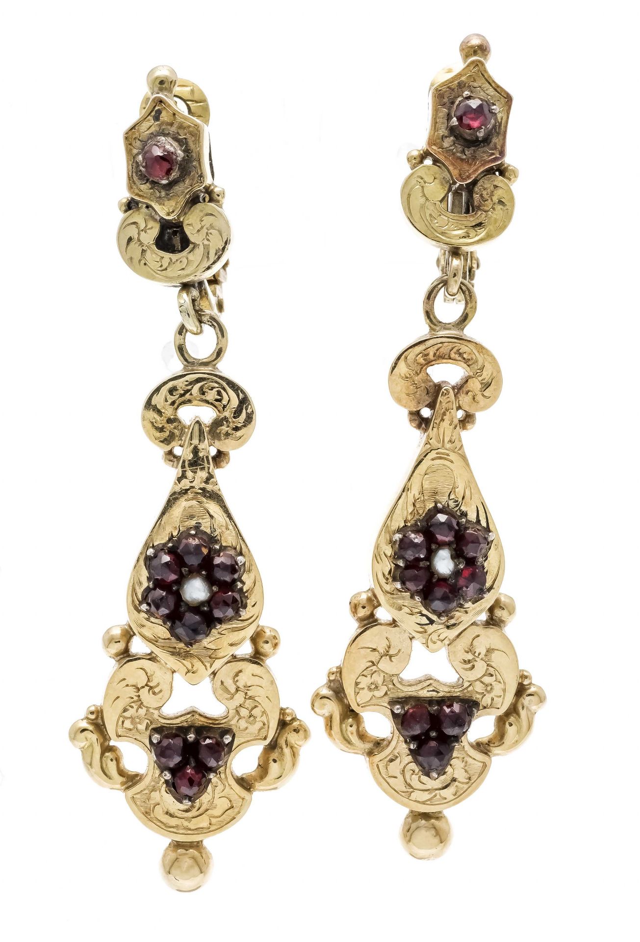 Garnet clip ear studs with suspension GG 585/000 and doublé clips, set with round faceted garnets