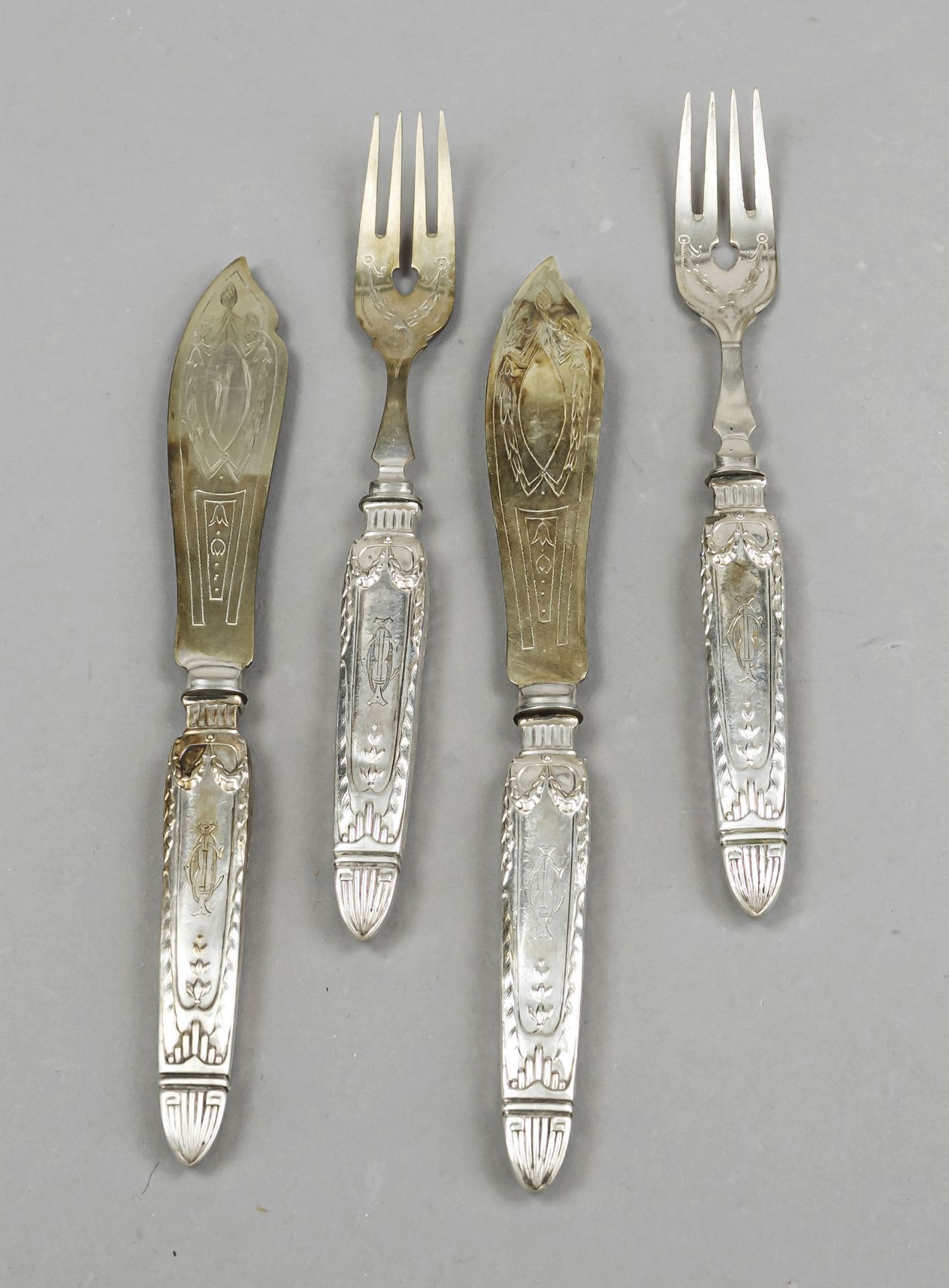 Fish cutlery for five persons, German, 1st half 20th century, silver 800/000, filled handles with