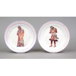 Two plates, Budy, Ukraine, 1970s. Ceramic/ earthenware, polychrome decoration with man and woman