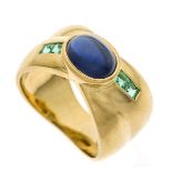 Sapphire emerald crossover ring GG 750/000 with an oval sapphire cabochon 8.6 x 6.3 mm blue,