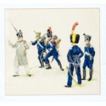 19th century illustrator, two military watercolors documenting various troop uniforms, watercolor