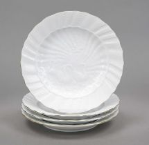 Four dessert plates, Meissen, after 1970, 1st choice, swan design, white with gold rim, after the