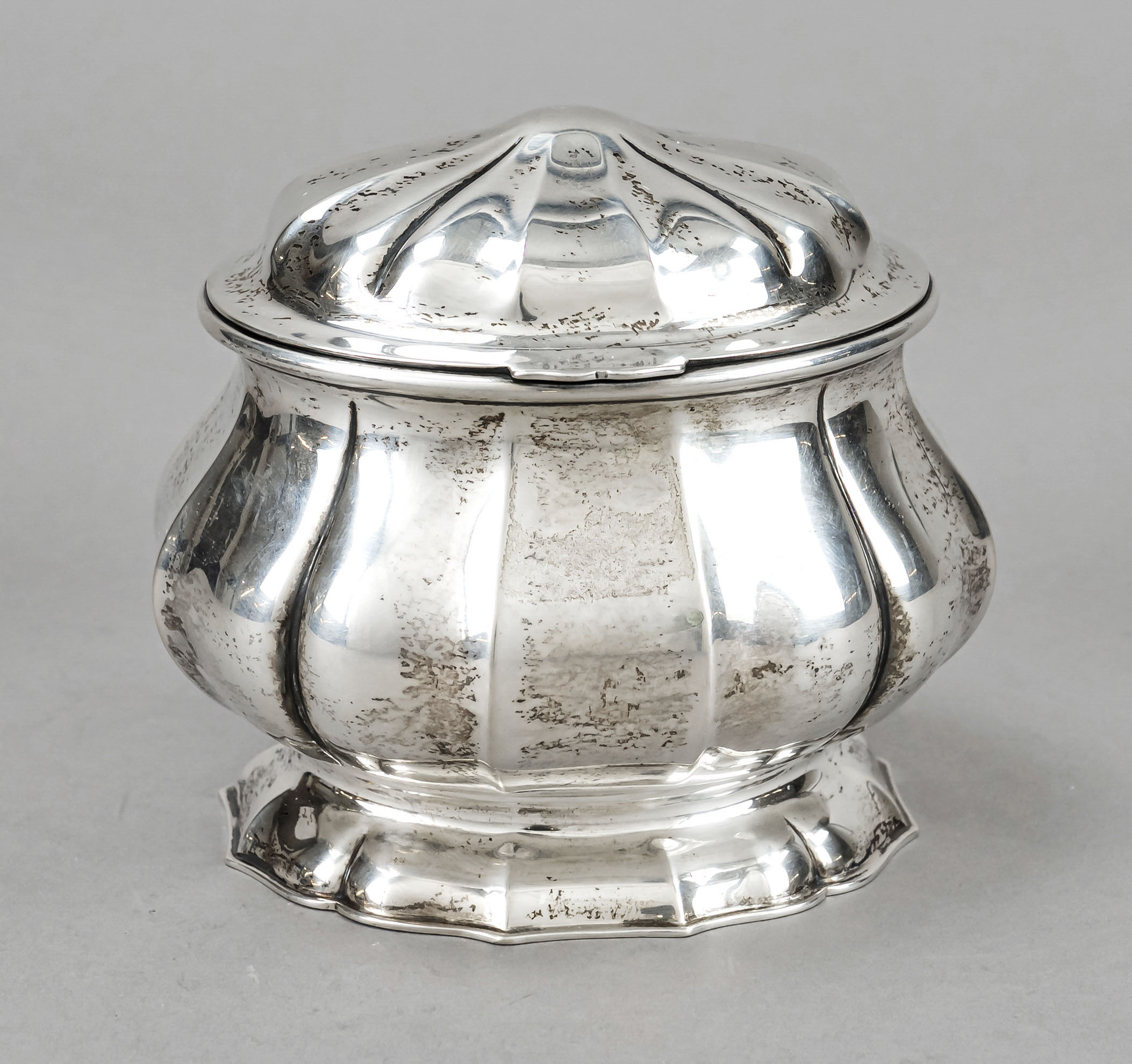 Oval lidded sugar bowl, German, 20th century, marked M. Hansen, silver 800/000, gilt interior,
