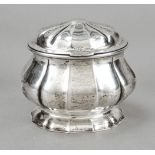 Oval lidded sugar bowl, German, 20th century, marked M. Hansen, silver 800/000, gilt interior,