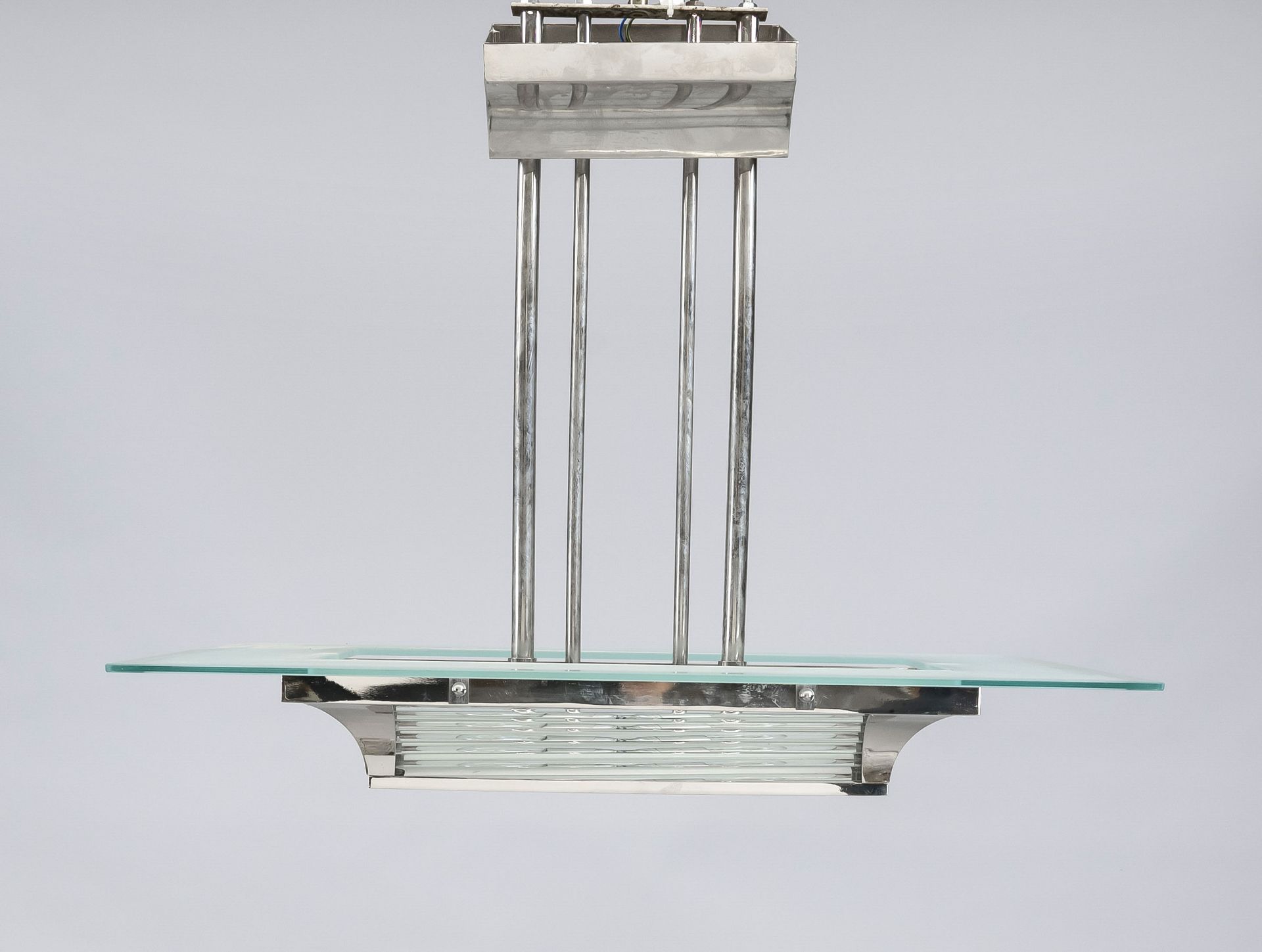 Art deco style ceiling lamp, 20th century, chrome-plated frame with horizontal glass rods, applied - Image 2 of 2